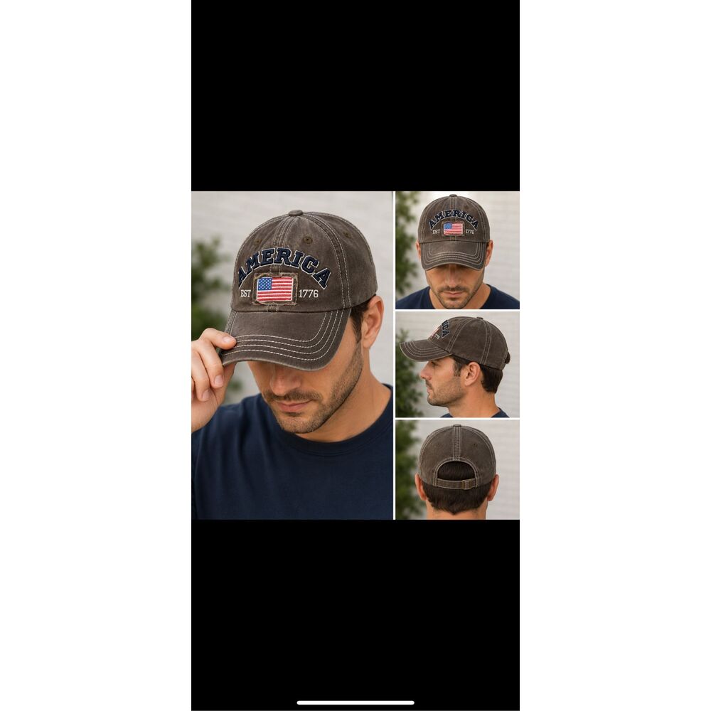 America EST 1776 Embroidered American Flag Distressed Adjustable Baseball Cap
